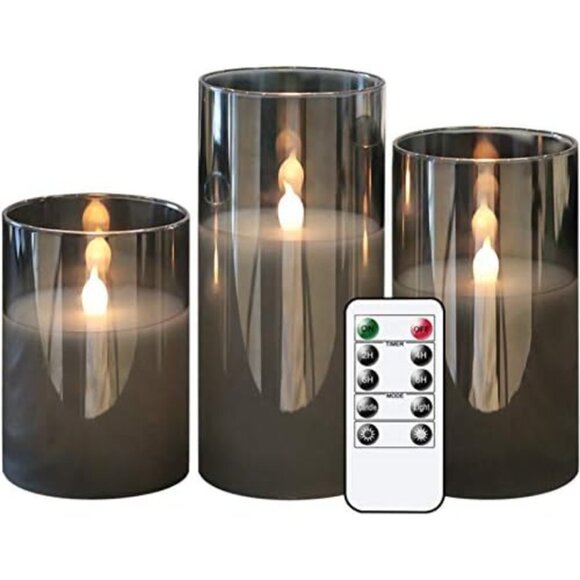 New Set of 3 Gray Glass Battery Operated Flameless Candles with Remote or Timer - Picture 4 of 8